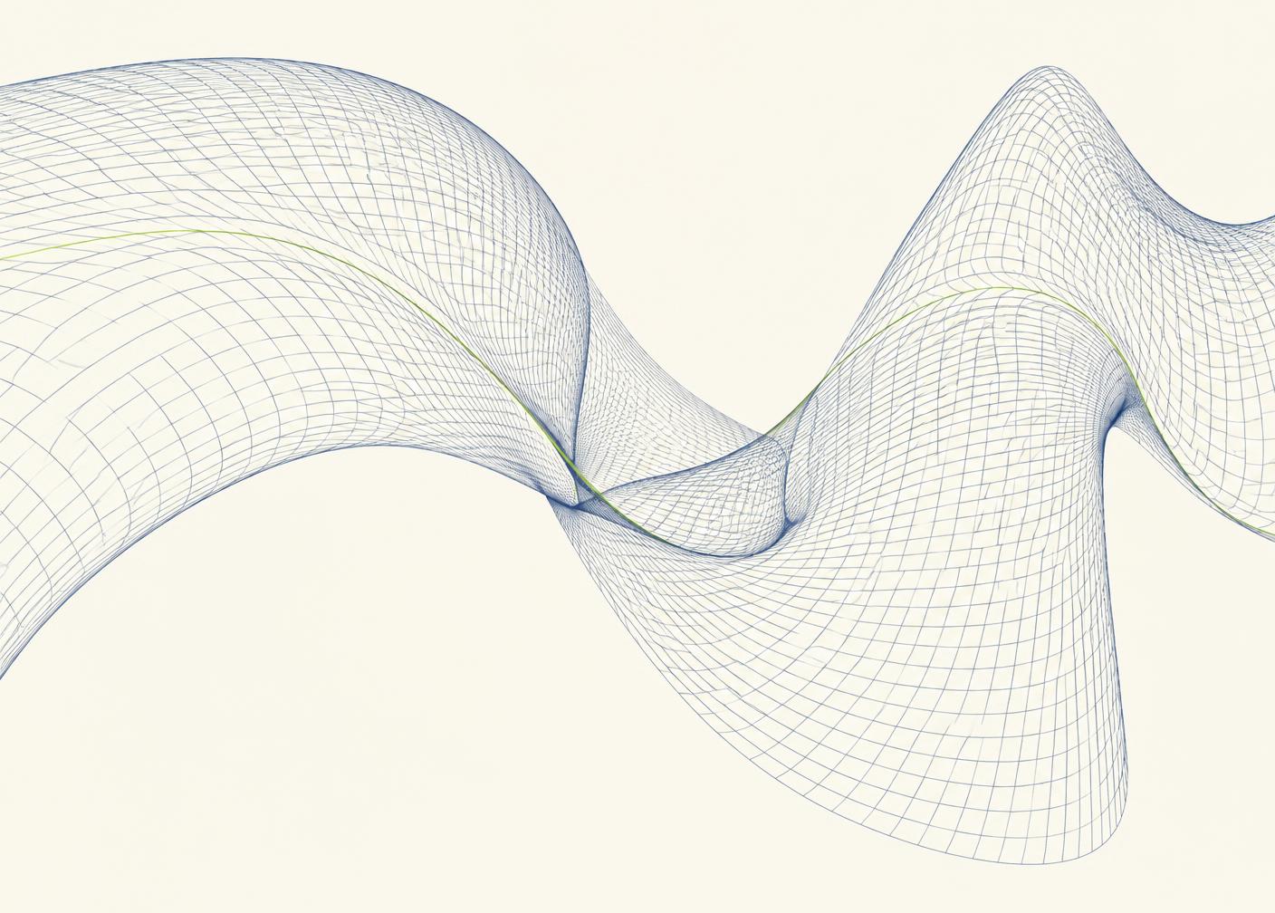 Abstract wireframe mesh surface drawn in fine cobalt lines on an ivory field