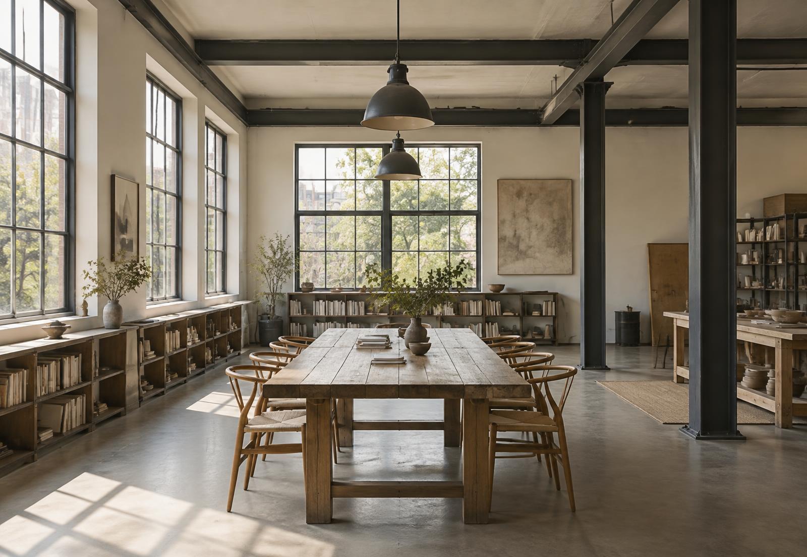 Quiet studio workspace with a long table, tall windows and daylight
